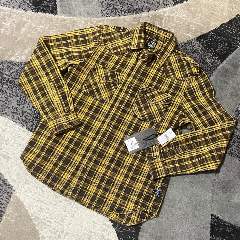 PrpsFlannel Shirt‎ Men Medium Brown Plaid Pearl Snap  Western Heavy Cowboy NEW